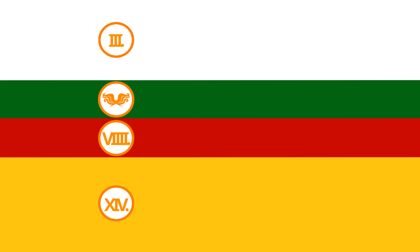 A flag with four horizontal stripes: white, green, red and yellow. The middle two are narrower. In each stripe about a third to the left there is a circle with an orange border. in the circle there are in order: roman numeral III., hope symbol from homestuck, VIIII., XIV.